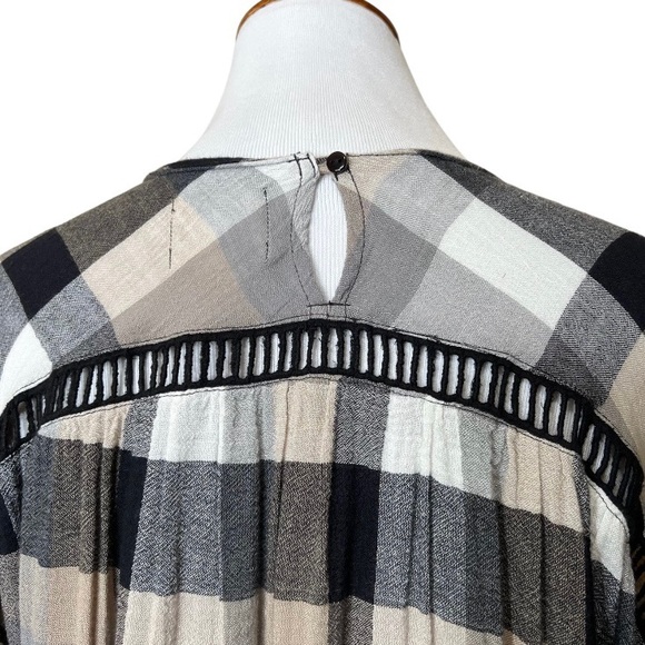 Anthropologie Black Cream Plaid Check Draped Tie Waist Belted Kimono ShirtDress - Picture 16 of 16